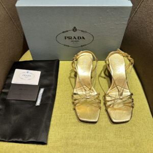 高仿Prada*1X504N方頭一字中踭涼鞋5.5CM金色免檢版