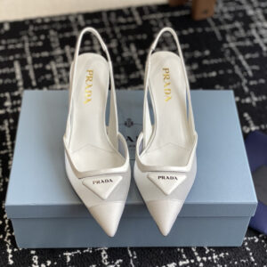 高仿Prada*1I891B尖頭露跟高踭鞋7.5CM白色免檢版