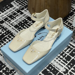 高仿Prada*1l325M方頭粗跟涼鞋3.5CM白色免檢版