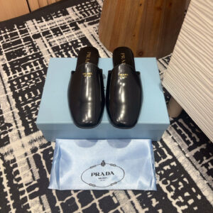 高仿Prada*2S2987圓頭皮質休閒套腳拖鞋黑色免檢版
