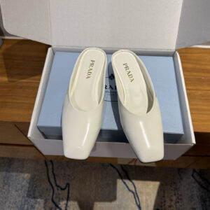 高仿Prada*1S825M方頭皮質休閒拖鞋白色免檢版