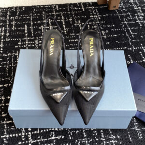 高仿Prada*1I891N尖頭露跟高踭鞋7.5CM黑色免檢版