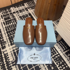 高仿Prada*2S2986圓頭皮質休閒套腳拖鞋棕色免檢版