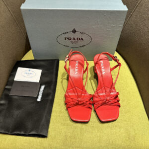 高仿Prada*1X504M方頭一字中踭涼鞋5.5CM紅色免檢版