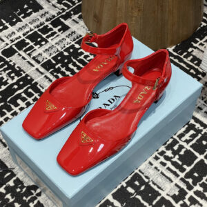 高仿Prada*1l325N方頭粗跟涼鞋3.5CM紅色免檢版