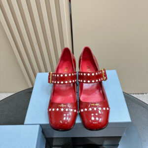 高仿Prada*Patent系列1I816C粗跟瑪麗珍鞋鞋漆皮3.5CM紅色免檢版