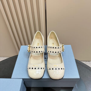 高仿Prada*Patent系列1I816M粗跟瑪麗珍鞋鞋漆皮3.5CM白色免檢版