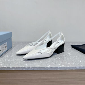高仿Prada*1I747M尖頭粗跟高踭鞋5.5CM白色免檢版