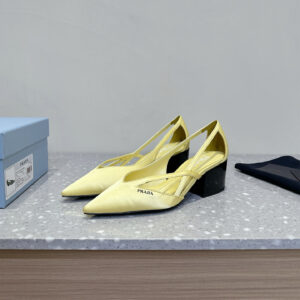 高仿Prada*1I747D尖頭粗跟高踭鞋5.5CM緞面黃色免檢版