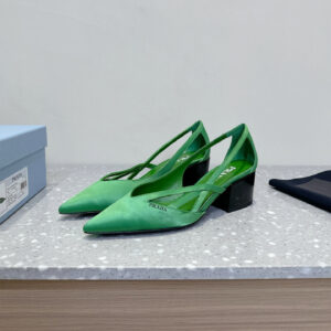 高仿Prada*1I747B尖頭粗跟高踭鞋5.5CM緞面綠色免檢版