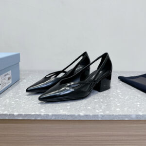 高仿Prada*1I747N尖頭粗跟高踭鞋5.5CM黑色免檢版