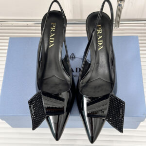高仿Prada*1I345N水鑽蝴蝶結高踭鞋漆皮黑色5.5CM免檢版