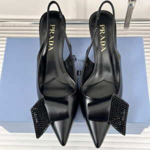 高仿Prada*1I345M水鑽蝴蝶結高踭鞋小牛皮黑色5.5CM免檢版