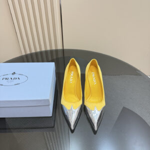 高仿Prada*春夏系列1l968M金屬漆皮尖頭細高踭鞋8.5CM黃色免檢版