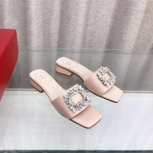 高仿RogerVivier*RVW5545鑽扣絲緞拖鞋粉色3CM免檢版
