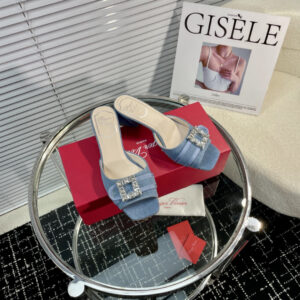 高仿RogerVivier*RVW5363鑽扣一字拖鞋牛仔布4.5CM免檢版