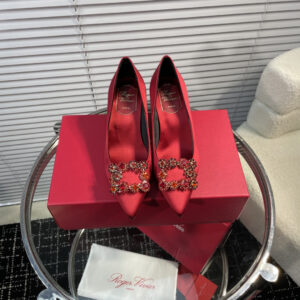高仿RogerVivier*RVW4143水鑽真絲高踭鞋紅色6.5CM免檢版