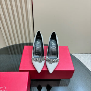 高仿RogerVivier*RVW5021水鑽尖頭高踭鞋灰色8.5CM免檢版