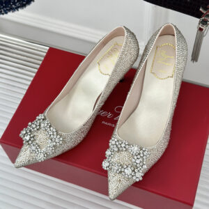 高仿RogerVivier*RVW4194雪花水鑽高踭鞋米白8.5CM免檢版