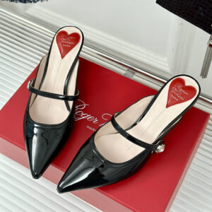 高仿RogerVivier*RVW6384尖頭鑽扣拖鞋黑色5.6CM免檢版