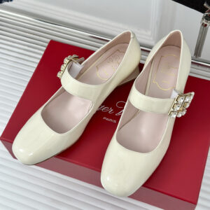 高仿RogerVivier*RVW5195高踭瑪麗珍鞋漆皮白色4.5CM免檢版