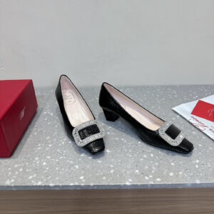 高仿RogerVivier*RVW0063水鑽中踭鞋蛇紋黑色4.5CM免檢版