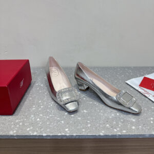高仿RogerVivier*RVW0062水鑽中踭鞋蛇紋銀色4.5CM免檢版