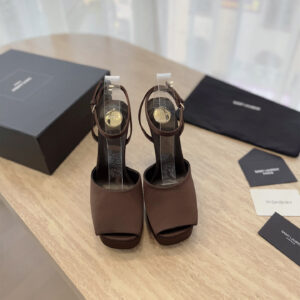 高仿YSL*25/春夏全新走秀款高踭鞋818002咖啡色免檢版