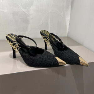 高仿YSL/聖羅蘭*6738380鏈條織物金屬尖頭高踭鞋黑色免檢版