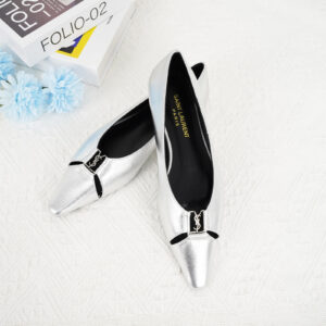 高仿YSL/聖羅蘭*Babylone系列803646C尖頭平底鞋銀色免檢版