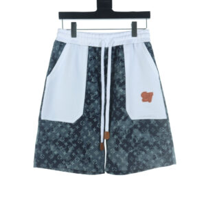 高仿LV*1AFR0054滿印牛仔拼接口袋短褲白色