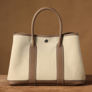 香港高仿HermesGardenParty大象灰購物袋帆布皮革雙拼